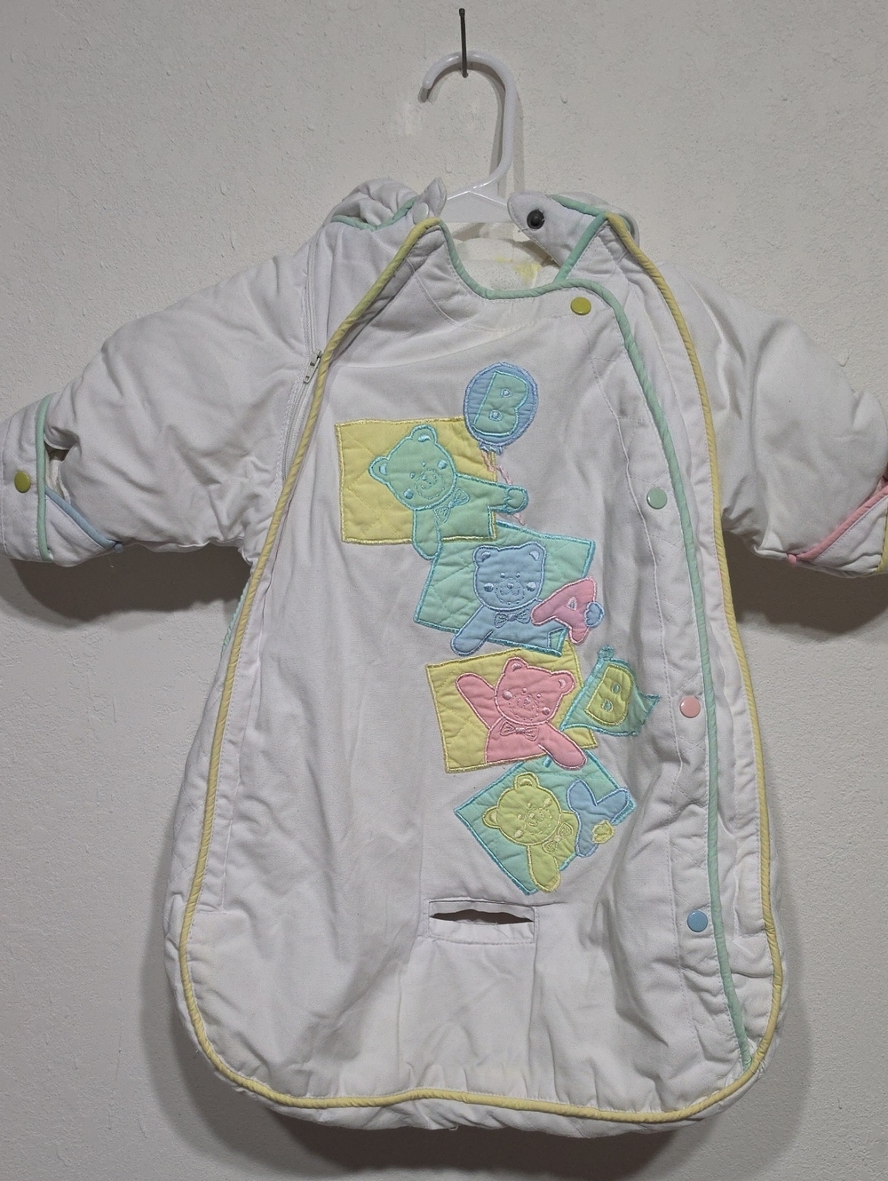 Vintage White Baby Sack with Pastel Bear Appliqués and Zip Closure